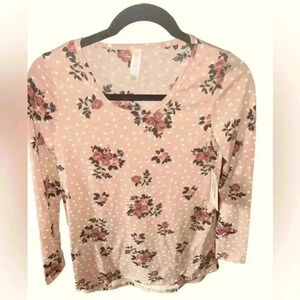 Lularoe XXS dusty pink long‎ sleeve Lynnae top. Roses & white polka dots! NWT.